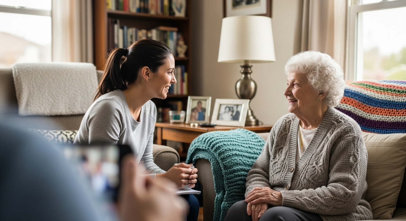 A Stage Senior team member talking with an older resident