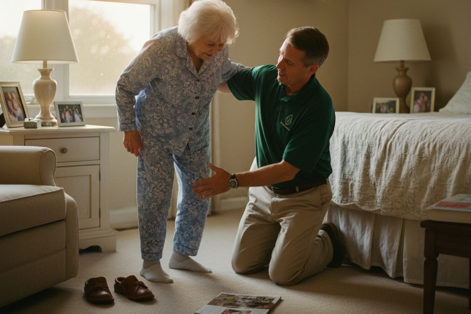 Caregiver helping a resident in a bedroom